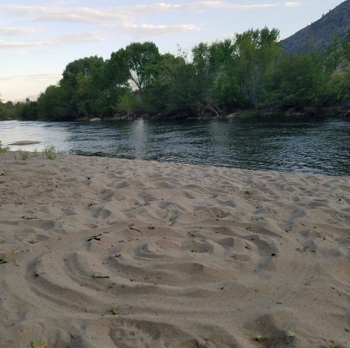 A sandy riverbank with gentle waves, surrounded by lush greenery and distant hills under a clear sky.