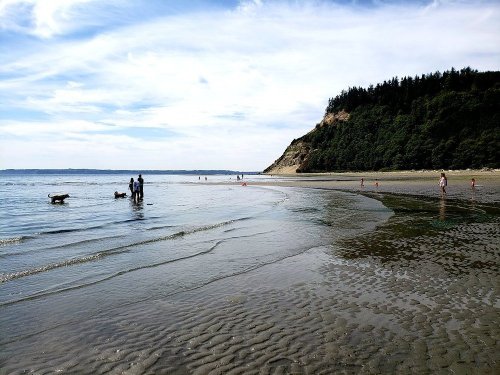 A serene beach scene with people walking along the shore, gentle waves, and a forested cliff in the background.