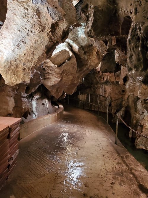 A dimly lit cave interior with rocky walls and a wet, winding path along the ground.