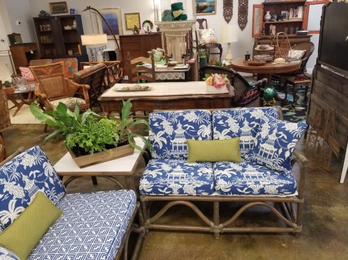 A cozy interior featuring various furniture pieces, including patterned sofas and a green plant centerpiece.
