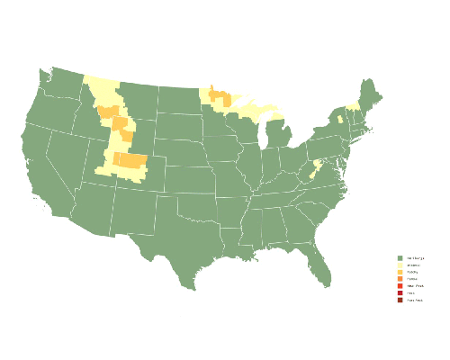 Map of the United States showing varying shades of green, yellow, and orange, indicating different data ranges across states.
