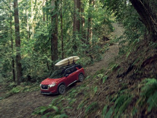 A red SUV drives along a forested trail, with a surfboard secured on its roof, surrounded by tall trees.