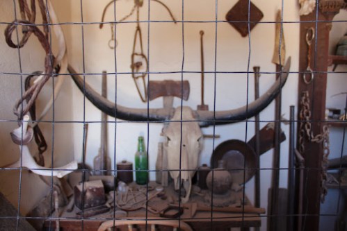 A collection of rustic tools and artifacts, including a bull skull, displayed behind a wire fence.