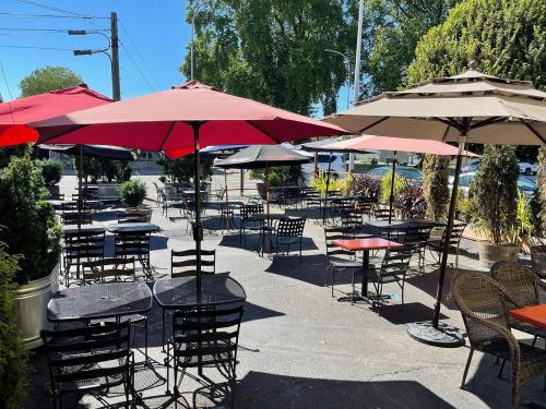 Outdoor café seating area with black tables and red umbrellas under a clear blue sky. Lush greenery in the background.