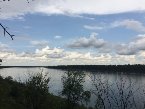 A serene river scene with a cloudy sky and lush greenery along the banks, reflecting calm waters.