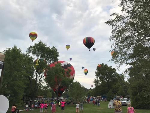 Colorful hot air balloons float above a crowd in a park, surrounded by trees and a cloudy sky.