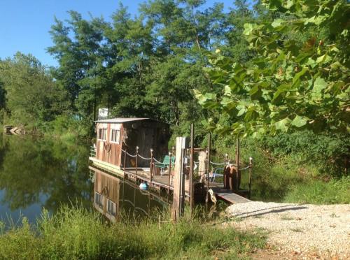 A rustic wooden cabin on a dock by a calm river, surrounded by lush greenery and trees.