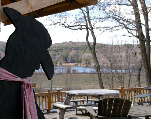 Silhouette of a figure with a hat and scarf, overlooking a scenic lake and wooded landscape.