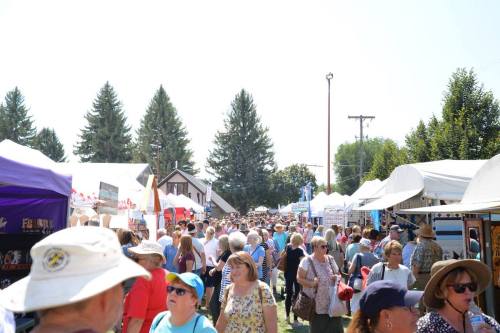 A bustling outdoor market filled with people browsing stalls under a clear blue sky and tall trees.