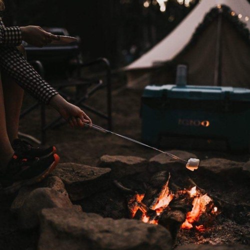 A person roasting a marshmallow over a campfire, with a tent and cooler in the background, during a cozy outdoor evening.