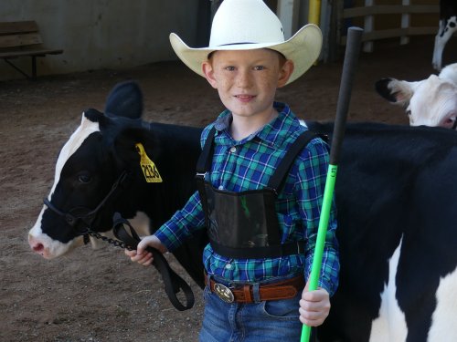 A young boy in a cowboy hat stands next to a black and white cow, holding a stick and smiling.
