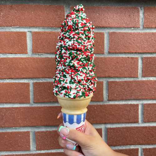 A hand holding a festive ice cream cone topped with whipped cream and colorful sprinkles against a brick wall.