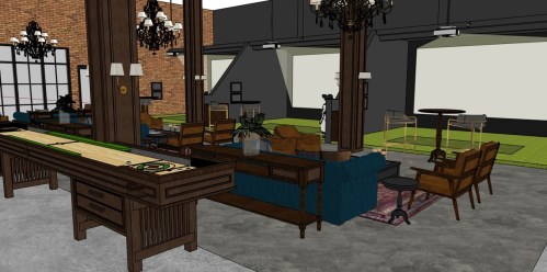 A stylish lounge area with wooden furniture, chandeliers, and a shuffleboard table, featuring a modern, open design.