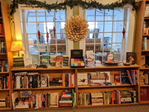 A cozy bookshelf filled with various books, decorated with a paper flower and festive garland near a window.