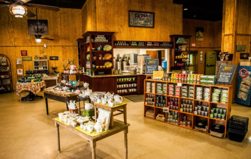 A cozy shop interior featuring wooden decor, shelves of tea, and a counter with beverages and snacks.