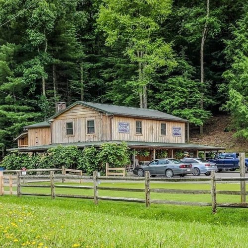 A rustic wooden house surrounded by trees, with cars parked in front and a grassy area in the foreground.