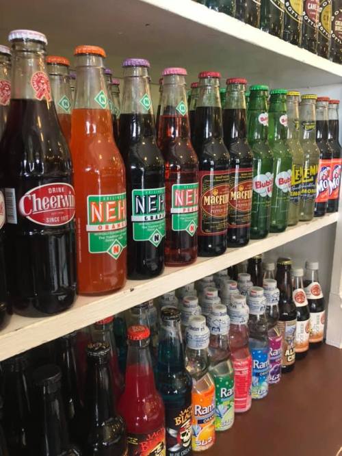 A colorful display of various soda bottles on shelves, featuring brands like Cheerwine, Nehi, and others.