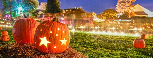 Two carved pumpkins with star designs sit on hay, illuminated against a backdrop of twinkling lights and a night sky.
