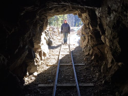 A person stands at the entrance of a dark tunnel, with train tracks leading into the light outside.