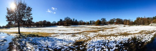 A panoramic view of a snowy landscape with a clear blue sky and distant trees and buildings.