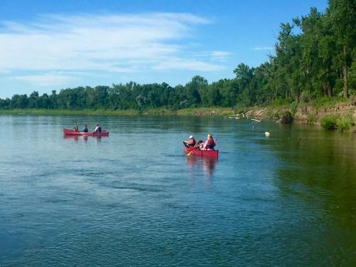 Two red canoes paddle on a calm river surrounded by green trees under a clear blue sky.