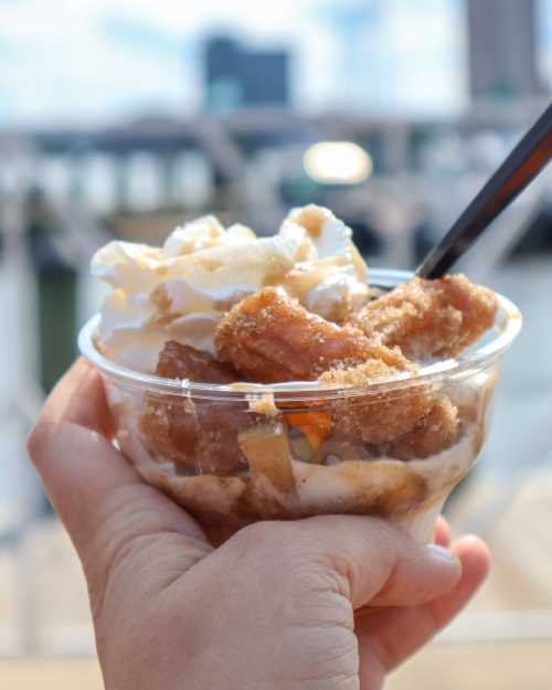 A hand holding a cup of dessert with whipped cream and churros, set against a blurred waterfront background.