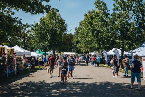 A bustling outdoor market with people walking among vendor tents and trees on a sunny day.