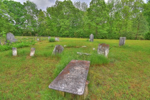 A serene graveyard with weathered tombstones surrounded by lush green grass and trees under a cloudy sky.