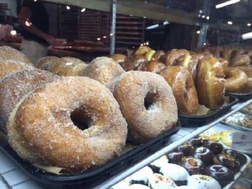 A display of freshly made donuts, some coated in sugar, arranged on trays in a bakery.