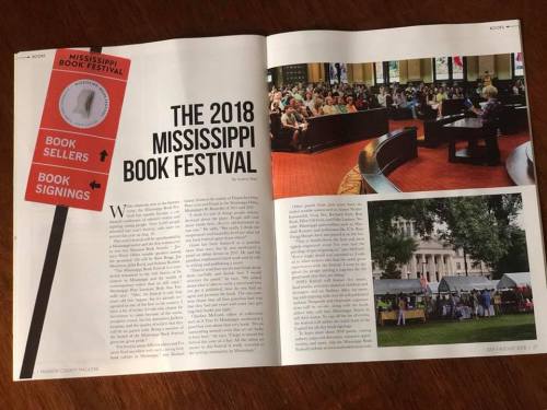 A magazine spread featuring the 2018 Mississippi Book Festival, with images of attendees and event details.