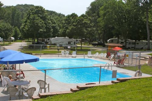 A sunny outdoor pool surrounded by lounge chairs and shaded by trees, with RVs parked in the background.