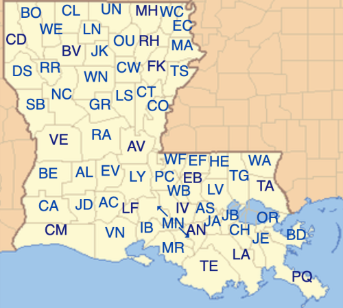 Map of the southern United States, highlighting states and their abbreviations, including Louisiana and Mississippi.