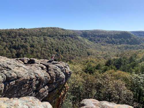 A person sits on a rocky ledge overlooking a lush, green valley and distant hills under a clear blue sky.