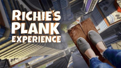 A view from above a cityscape, showing a person's feet on a plank, with "Richie's Plank Experience" text overlay.