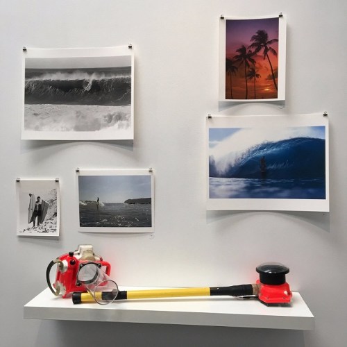 A wall display featuring black-and-white and color photos of waves and palm trees, with snorkeling gear on a shelf below.