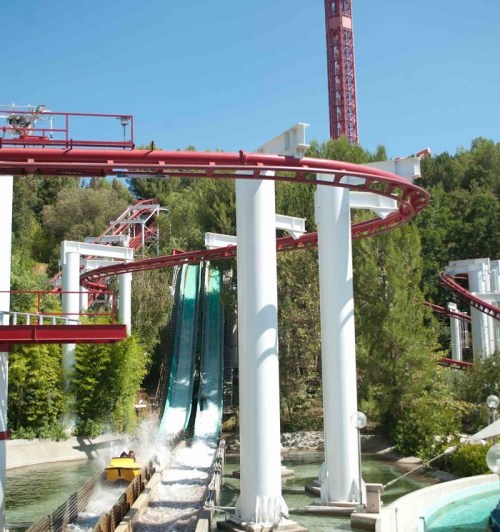A water ride with a steep drop, surrounded by trees and amusement park structures in the background.