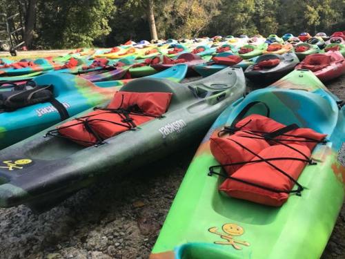 A colorful array of kayaks lined up on the ground, each with a red life jacket secured on top.