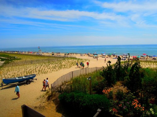 A sunny beach scene with people walking, colorful umbrellas, and a boat on the sand, surrounded by greenery and dunes.