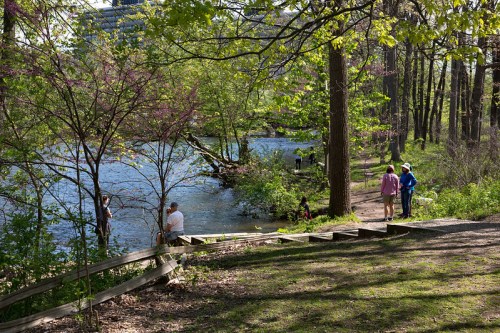 A serene riverside scene with people walking, fishing, and enjoying nature among lush greenery and trees.