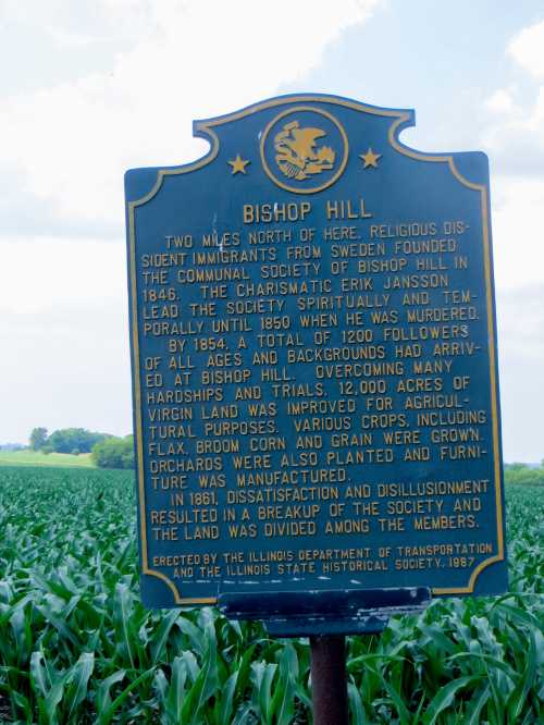 Historical marker for Bishop Hill, highlighting its founding by Swedish immigrants and agricultural history.