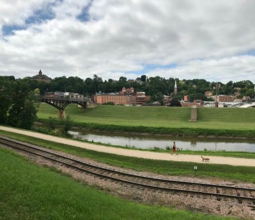 A person walks a dog along a path by a river, with a town and bridge in the background under a cloudy sky.