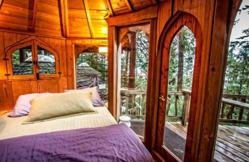 Cozy wooden bedroom with large windows overlooking a forested area, featuring a bed with purple and cream bedding.
