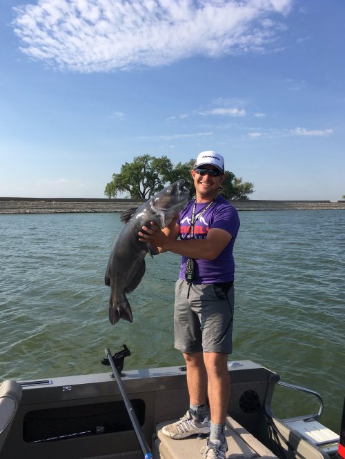 A smiling man in a purple shirt holds a large fish while standing on a boat in a lake under a blue sky.