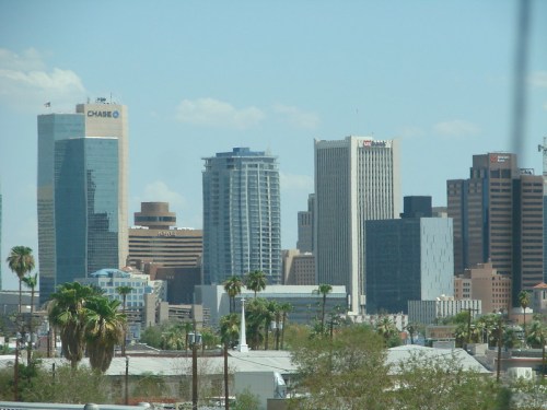 A skyline view of tall buildings in a city, with palm trees in the foreground and a clear blue sky.