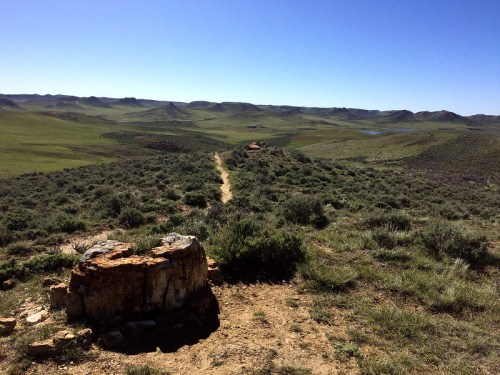 A rocky outcrop overlooks a vast, green landscape with rolling hills and a clear blue sky. A dirt path winds through the scene.