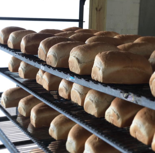 Freshly baked loaves of bread cooling on wire racks in a bakery.