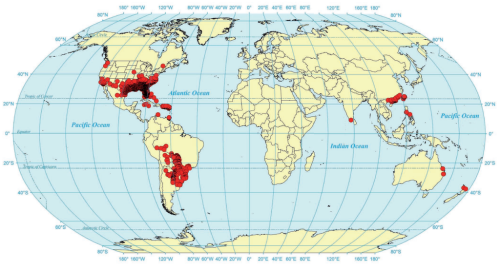 World map highlighting various locations with red dots, indicating specific geographic points of interest.