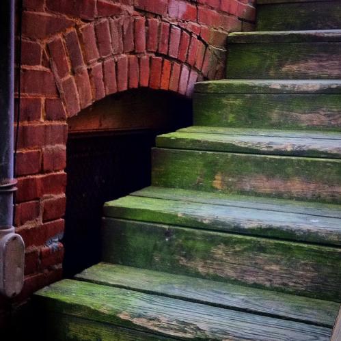 A close-up of weathered wooden steps leading up to a brick archway, with a rustic, industrial feel.