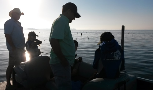 Silhouettes of people on a boat at sunrise, with calm water and distant poles in the background.