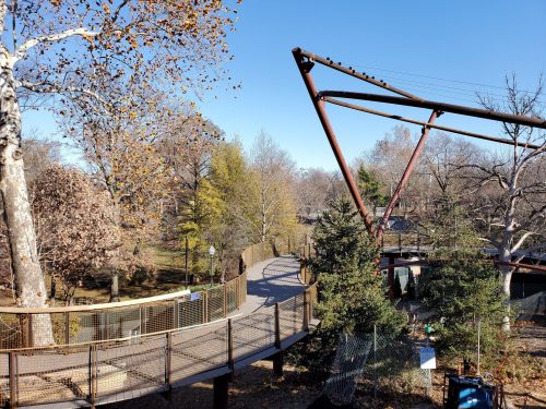 A winding pathway through a park with trees and metal structures under a clear blue sky.
